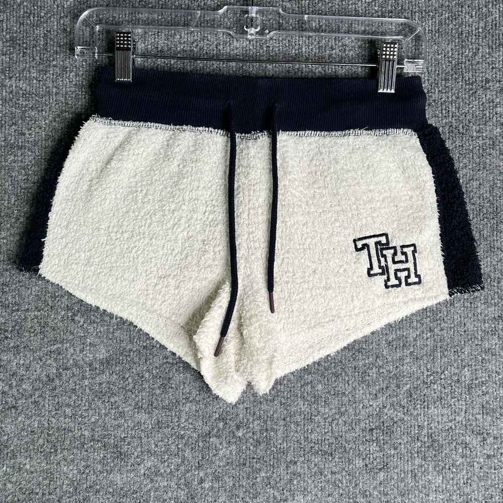 Y2K Tommy Hilifiger Micro Mini Shorts XS Sherpa Fleece Lounge White Blue‎ Preppy